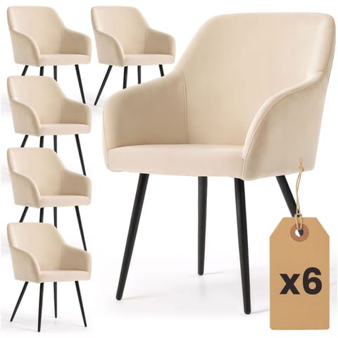 ⁨6x Welurowe krzesło tapicerowane gładkie Beżowe ESTELLE Czarne nogi⁩ w sklepie Wasserman.eu