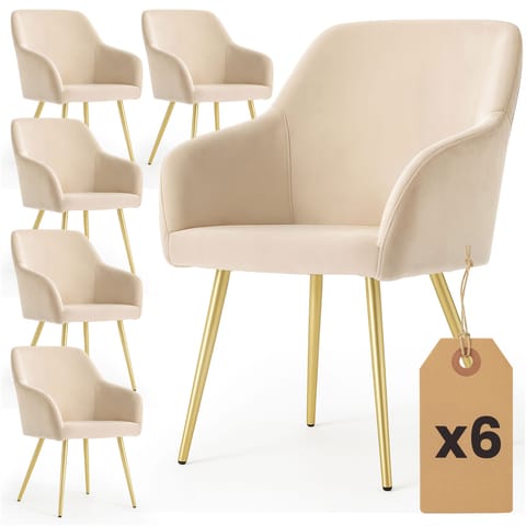 ⁨6x Welurowe krzesło tapicerowane gładkie Beżowe ESTELLE Złote nogi⁩ w sklepie Wasserman.eu