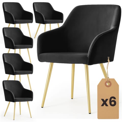⁨6x Welurowe krzesło tapicerowane gładkie Czarne ESTELLE Złote nogi⁩ w sklepie Wasserman.eu
