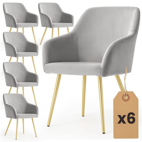 ⁨6x Welurowe krzesło tapicerowane gładkie Szare ESTELLE Złote nogi⁩ w sklepie Wasserman.eu