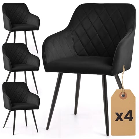 ⁨4x Welurowe krzesło tapicerowane pikowane w romby Czarne VELTO Czarne nogi⁩ w sklepie Wasserman.eu