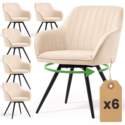 ⁨6x Welurowe krzesło obrotowe z przeszyciami Beżowe TURNO Czarne nogi⁩ w sklepie Wasserman.eu