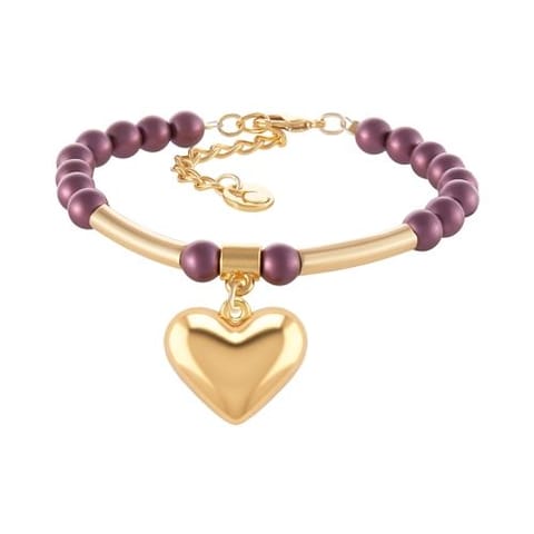 ⁨Bransoletka z satynowych perełek w kolorze fioletowym, z zawieszką w kształcie pękatego serduszka (B25/KOR/92AU)⁩ w sklepie Wasserman.eu