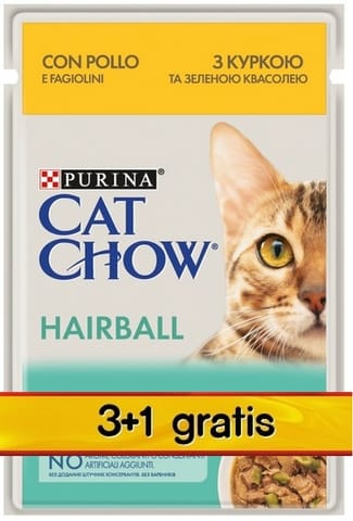 ⁨Purina Cat Chow Hairball Kurczak saszetki 3+1 GRATIS 4x85g⁩ w sklepie Wasserman.eu