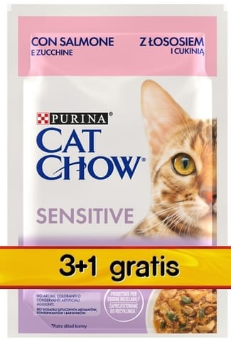 ⁨Purina Cat Chow Sensitive Łosoś saszetki 3+1 GRATIS 4x85g⁩ w sklepie Wasserman.eu