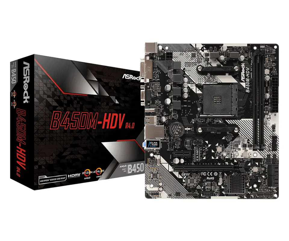 ⁨Płyta główna Asrock B450M-HDV R4.0 (AM4; 2x DDR4 DIMM; Micro ATX)⁩ w sklepie Wasserman.eu