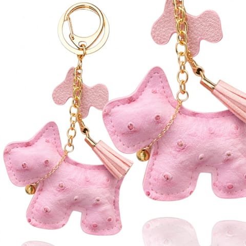 ⁨Brelok do kluczy skórzany PIESEK różowy, frędzle BRL355⁩ w sklepie Wasserman.eu