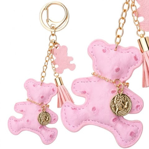 ⁨Brelok do kluczy skórzany MIŚ różowy, frędzle BRL356⁩ w sklepie Wasserman.eu