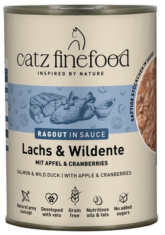 ⁨Catz Finefood Ragout in Sauce Łosoś i Dzika Kaczka (N.605) puszka 380g⁩ w sklepie Wasserman.eu