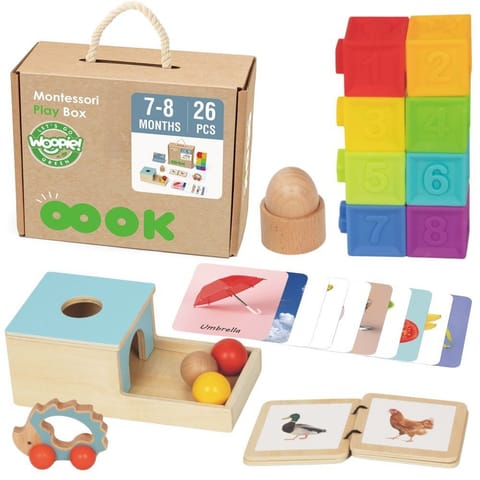⁨WOOPIE GREEN Box Pudełko XXL Montessori Edukacyjne 6w1 Sensoryczne 7-8 Miesięcy 26el. FSC⁩ w sklepie Wasserman.eu