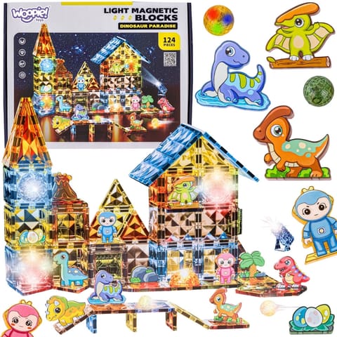 ⁨WOOPIE Klocki Magnetyczne Konstrukcyjne Świecące 3D Park Dinozaurów 124el.⁩ w sklepie Wasserman.eu