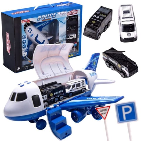 ⁨WOOPIE Samolot Rozkładany Transporter Policja z 3 Autami Policyjnymi Zestaw XL Znaki Drogowe⁩ w sklepie Wasserman.eu