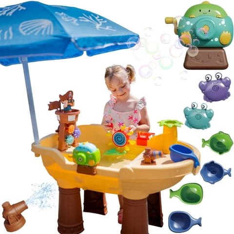 ⁨WOOPIE Stolik Wodny 2w1 Piaskownica Statek Piracki z Parasolem XL z Maszyna do Robienia Baniek Mydlanych⁩ w sklepie Wasserman.eu