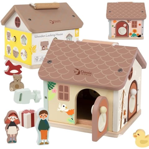 ⁨CLASSIC WORLD Drewniany Domek Sensoryczny Edukacyjny z Zamkami Kluczykami 11el.⁩ w sklepie Wasserman.eu