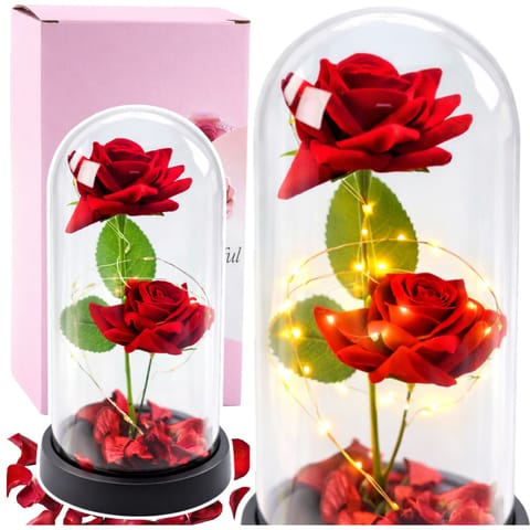 ⁨Wieczne 2 Róże w Kopule z Oświetleniem LED i Płatkami Róż Czerwone 21x11cm⁩ w sklepie Wasserman.eu