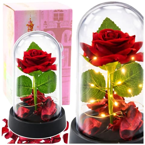 ⁨Wieczna Róża w Kopule z Oświetleniem LED Czerwona z Płatkami Róż 14x8cm⁩ w sklepie Wasserman.eu