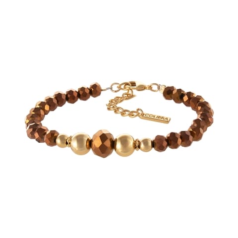 ⁨Bransoletka z koralików w odcieniu czekoladowym i złotych kuleczek (B25/KOR/84/4AU)⁩ w sklepie Wasserman.eu