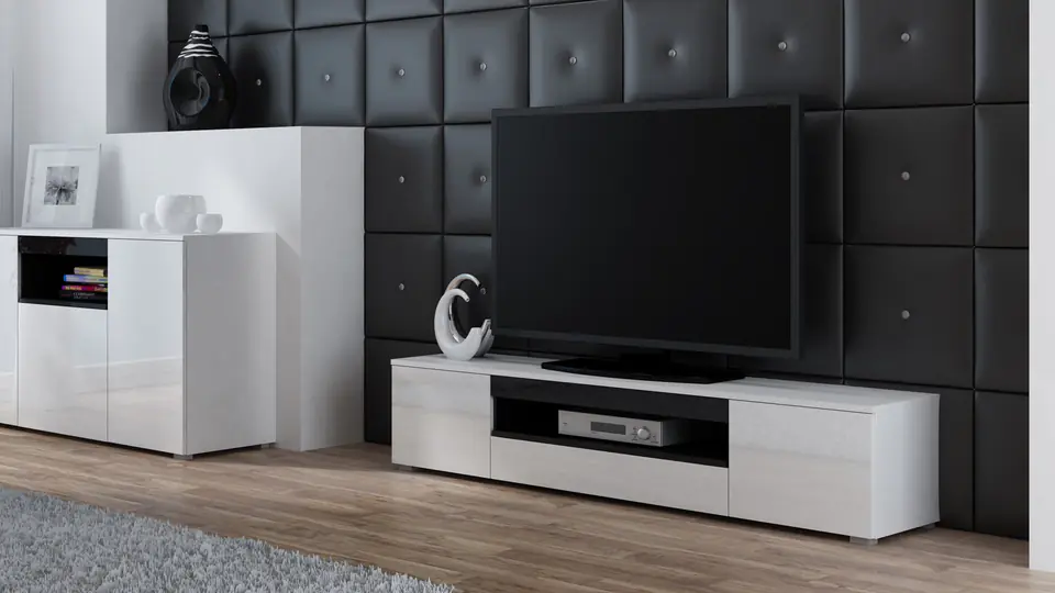 ⁨Cama TV stand VIVA 180 white/white gloss + black⁩ at Wasserman.eu