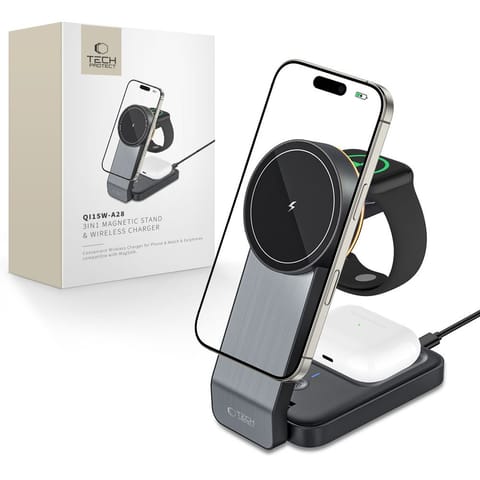 ⁨Ładowarka indukcyjna 3w1 ze stojakiem na smartfon Apple Watch AirPods MagSafe - czarna⁩ w sklepie Wasserman.eu