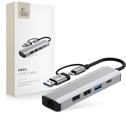⁨Adapter HUB 5w1 USB-C USB-A Ethernet RJ45 - szary⁩ w sklepie Wasserman.eu