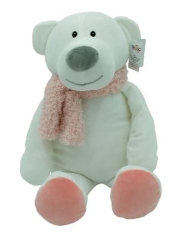 ⁨Camille bear mascot with pink scarf 35 cm⁩ at Wasserman.eu
