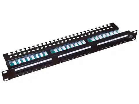 ⁨Patch panel A-LAN z półką, czarny PK013 (1U; 19"; kat. 5e; UTP; 24xRJ-45)⁩ w sklepie Wasserman.eu