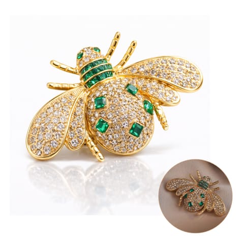 ⁨Broszka ozdobna - złoty Owad z zielonymi cyrkoniami BZ235⁩ w sklepie Wasserman.eu