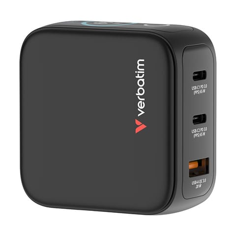 ⁨Verbatim, Mini ładowarka GaN z wyświetlaczem 2 x USB-C / 1 x USB-A, czarna, 65W, Wymienne wtyczki EU, UK, USA⁩ w sklepie Wasserman.eu