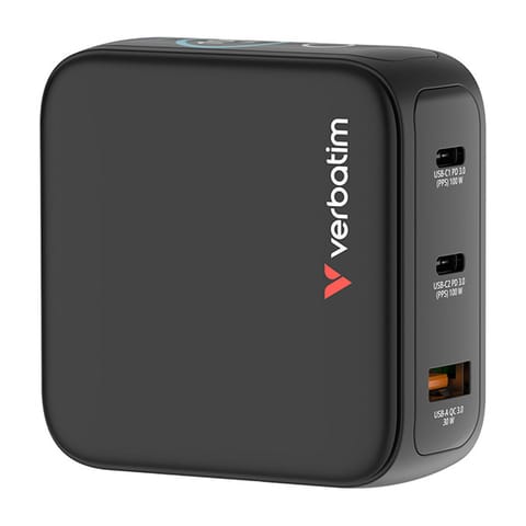 ⁨Verbatim, Mini ładowarka GaN z wyświetlaczem 2 x USB-C / 1 x USB-A, czarna, 100 W, Wbudowane zabezpieczenie nadprądowe⁩ w sklepie Wasserman.eu