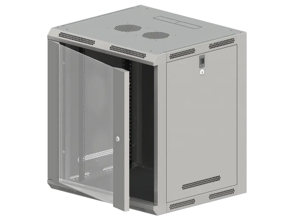 Szafa wisząca 19" 12U 600x500, niedzielona, drzwi szklane jednoskrzydłowe, tył osłona pełna, osłony boczne ruchome perforowane, kolor szary, 4 belki, FLAT PACK ALANTEC w sklepie Wasserman.eu