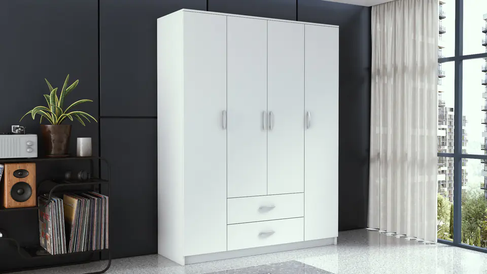 ⁨Topeshop ROMANA 160 BIEL KPLB bedroom wardrobe/closet 11 shelves 4 door(s) White⁩ at Wasserman.eu