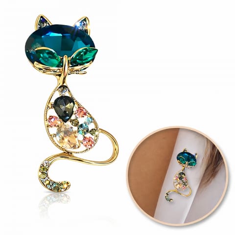 ⁨Broszka ozdobna kryształki niebieski i zielony KOTEK BZ173⁩ w sklepie Wasserman.eu