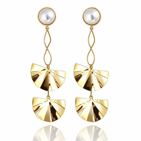 ⁨Kolczyki ze stali szlachetnej pozłacane 14k złotem, perły, efektowne, wiszące blaszki KST3505⁩ w sklepie Wasserman.eu