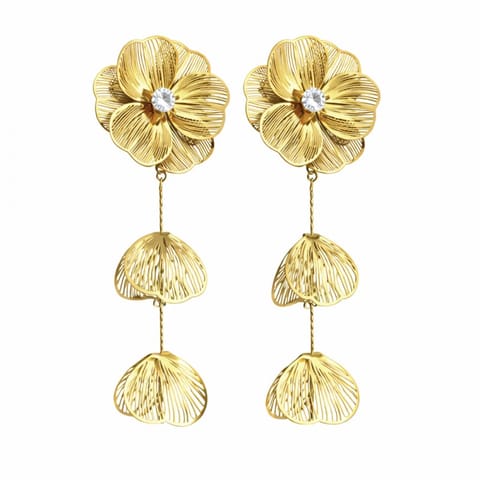 ⁨Kolczyki ze stali szlachetnej pozłacane 14k złotem, wiszące kwiaty z cyrkoniami KST3527⁩ w sklepie Wasserman.eu