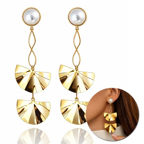 ⁨Kolczyki ze stali szlachetnej pozłacane 14k złotem, perły, efektowne, wiszące blaszki KST3505⁩ w sklepie Wasserman.eu