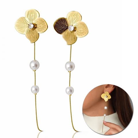 ⁨Kolczyki ze stali szlachetnej pozłacane 14k złotem, wiszące kwiaty z perełkami KST3508⁩ w sklepie Wasserman.eu