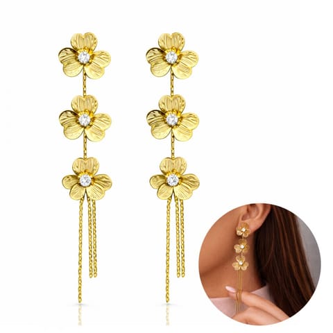 ⁨Kolczyki ze stali szlachetnej pozłacane 14k złotem, wiszące kwiaty z cyrkoniami KST3509⁩ w sklepie Wasserman.eu