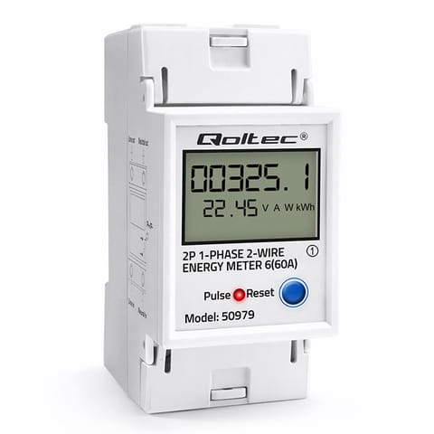 ⁨Qoltec Jednofazowy elektroniczny licznik zużycia energii na szynę DIN | RESET | licznik okresowy i stały | 230V | 60A | LCD | LED | 2P⁩ w sklepie Wasserman.eu