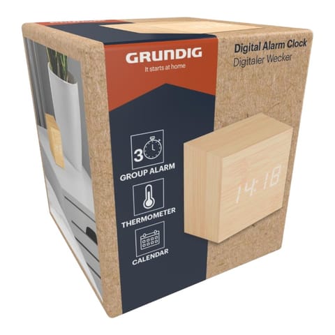 ⁨Grundig - Cyfrowy budzik LED z termometrem i kalendarzem (jasny brąz)⁩ w sklepie Wasserman.eu