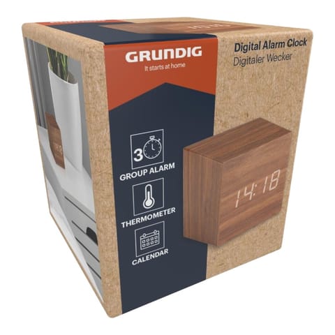 ⁨Grundig - Cyfrowy budzik LED z termometrem i kalendarzem (ciemny brąz)⁩ w sklepie Wasserman.eu