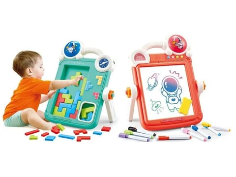 ⁨Wielofunkcyjna Dwustronna Tablica 2w1 Zmazywalna Klocki Układanka Edukacyjna NIEBIESKA⁩ w sklepie Wasserman.eu