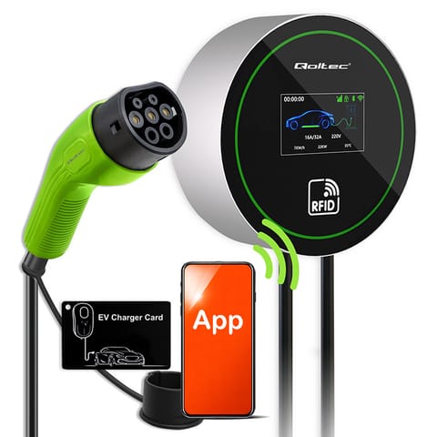 ⁨Qoltec Stacja ładowania EV 2w1 Typ2 | 22kW | Wi-fi|  | LCD | 3 fazy | Wallbox | Smart life app| RFID | 5m⁩ w sklepie Wasserman.eu