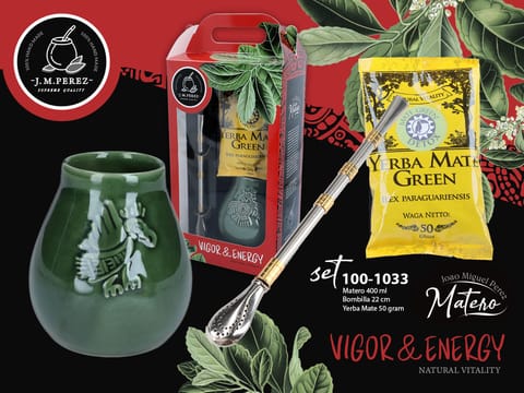 ⁨Zestaw do Yerby - Naczynie Ceramiczne zieleń transparentna) + bombilla + Yerba Mate Green 50g⁩ w sklepie Wasserman.eu