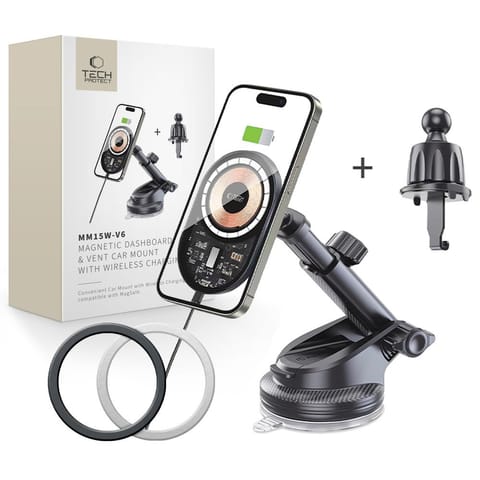 ⁨Uchwyt samochodowy z ładowarką do smartfona na deskę kratkę MagSafe 15W - czarny⁩ w sklepie Wasserman.eu