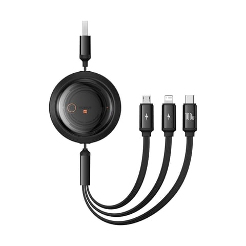 ⁨Kabel przewód zwijany 3w1 USB-A - MicroUSB/Lightning/USB-C 100W 1.1m - czarny⁩ w sklepie Wasserman.eu