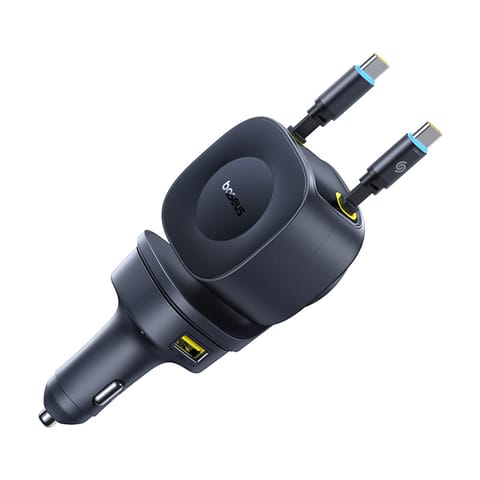 ⁨Ładowarka samochodowa USB-C USB-A ze zwijanymi kablami USB-C 60W - czarna⁩ w sklepie Wasserman.eu