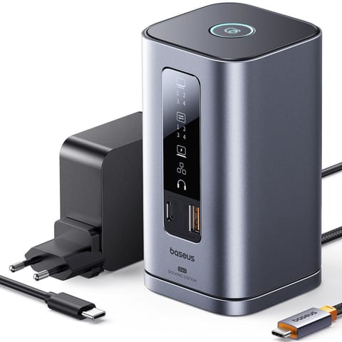 ⁨HUB Stacja dokująca 11w1 USB-C HDMI DP USB-A USB-C RJ45 PD mini jack 3.5mm ładowarka EU - szara⁩ w sklepie Wasserman.eu