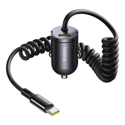 ⁨Ładowarka samochodowa USB-C z wbudowanym spiralnym kablem USB-C 30W - czarna⁩ w sklepie Wasserman.eu