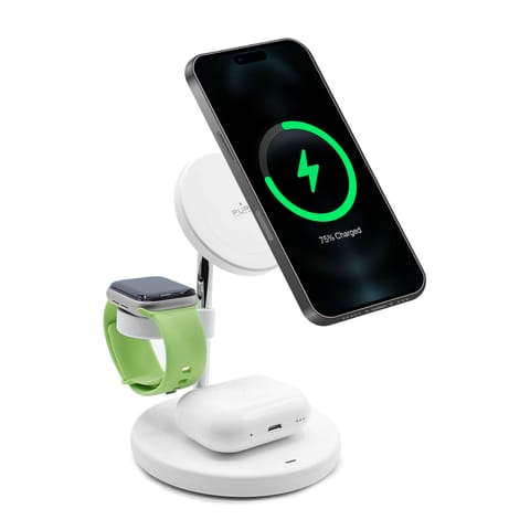 ⁨Ładowarka indukcyjna 3w1 ze stojakiem do iPhona AirPods USB-A - biała⁩ w sklepie Wasserman.eu