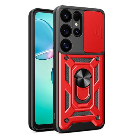 ⁨Etui pancerne z osłoną aparatu ringiem podstawką do Samsung Galaxy S25 Ultra Hybrid Armor Camshield - czerwony⁩ w sklepie Wasserman.eu